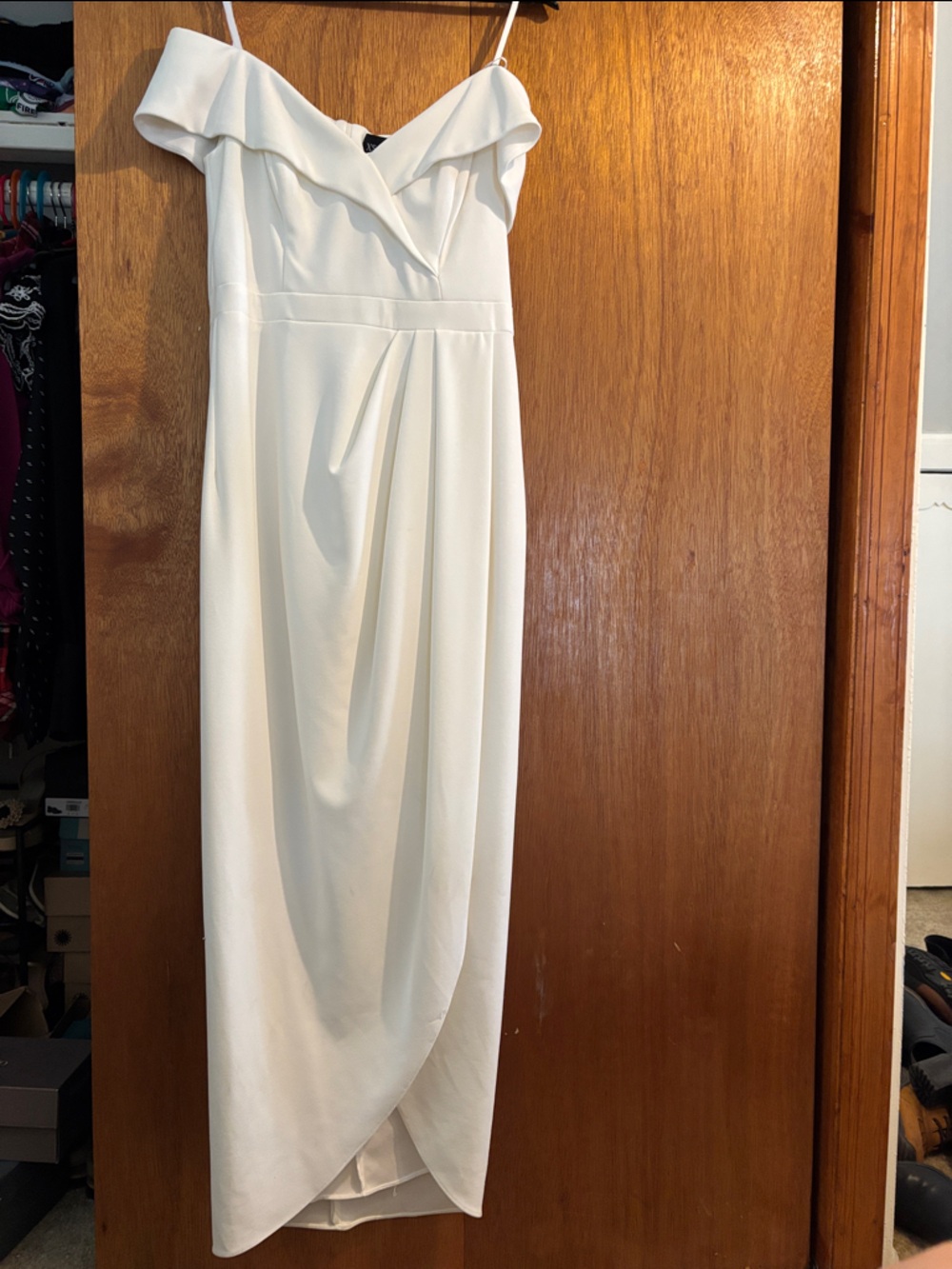 Xscape White Off-Shoulder Ruffle Bodice Maxi Dress